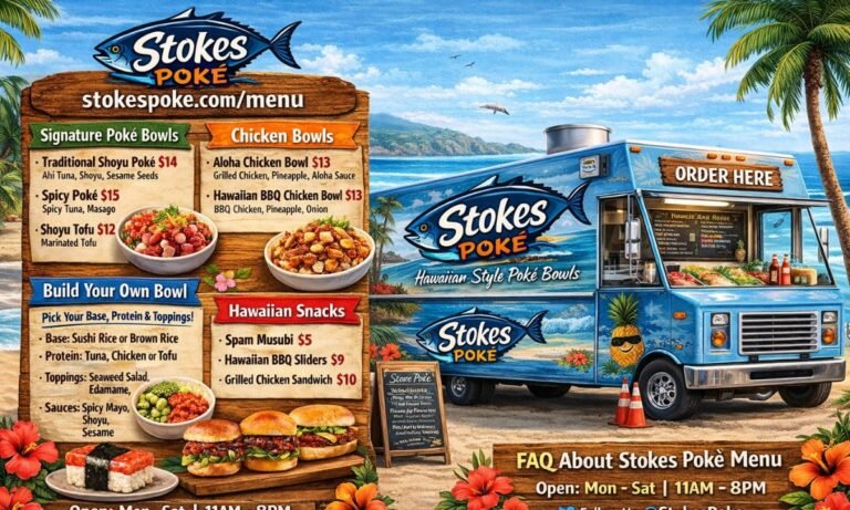 Stokes Poké food truck and stokespoke.com/menu board showing poke bowl menu and prices