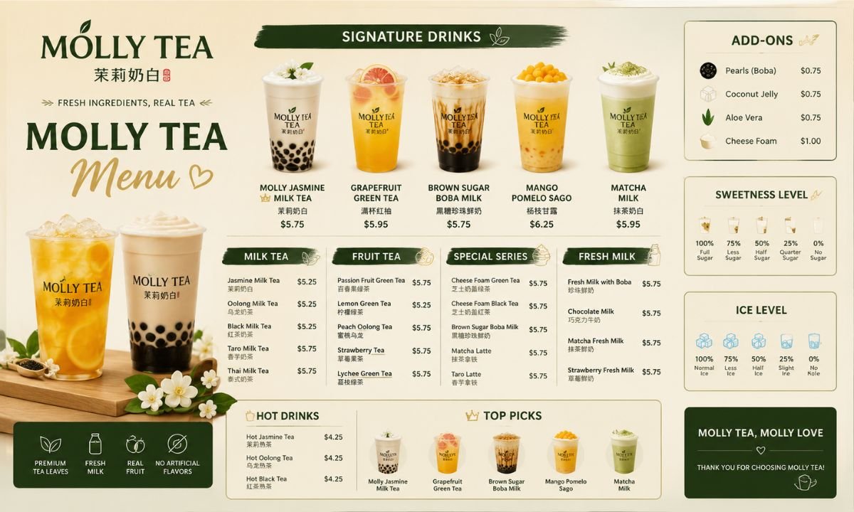 Molly Tea Menu 2026 Drinks, Prices, Locations & Hours